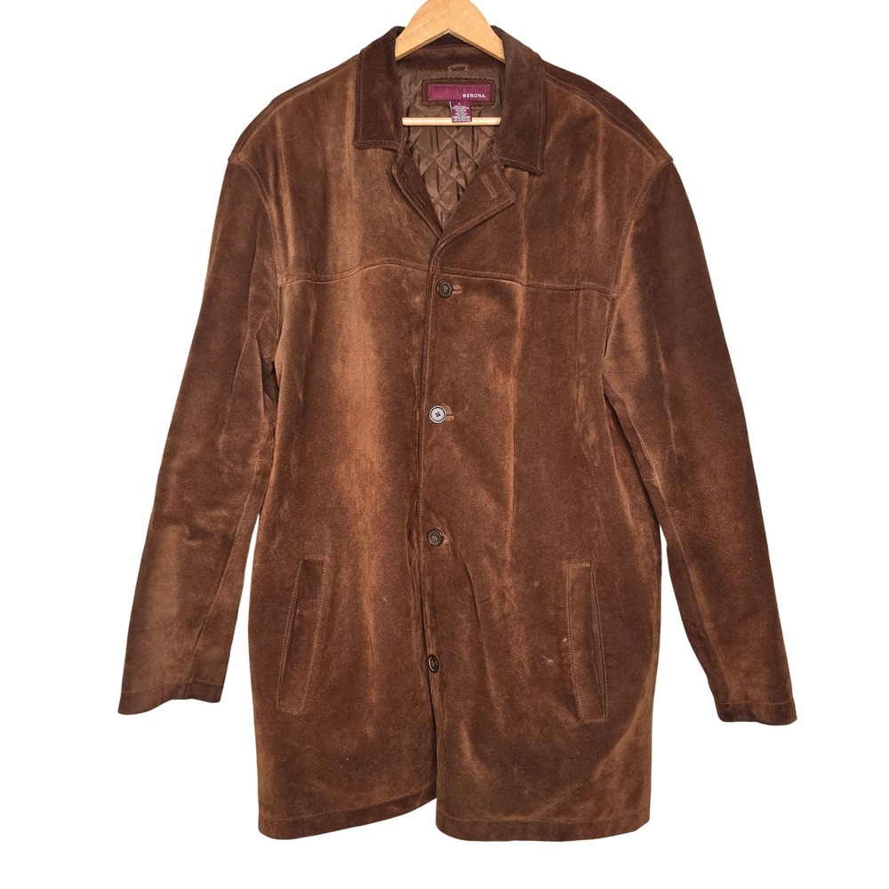 Merona Jacket Mens Large Brown Suede Leather Car Coat Button Front Quilted Liner